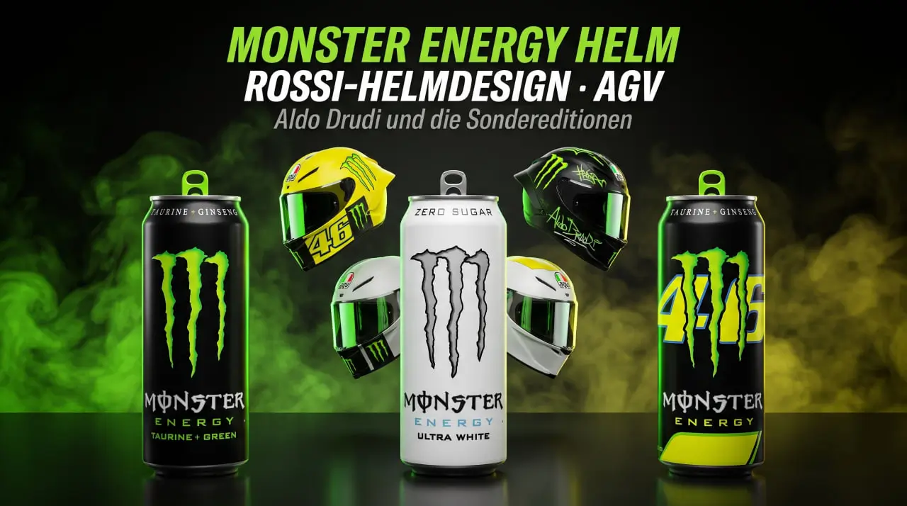 Monster Energy Helm, Rossi und VR46 Helmdesign mit Aldo Drudi und AGV