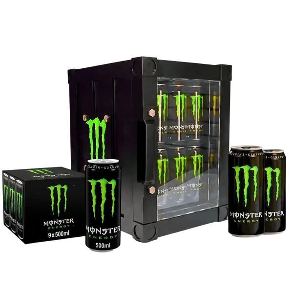 Monster-Testpaket mit 9 × 500ml Monster Original und Mini-Kühlschrank im VR46-Design